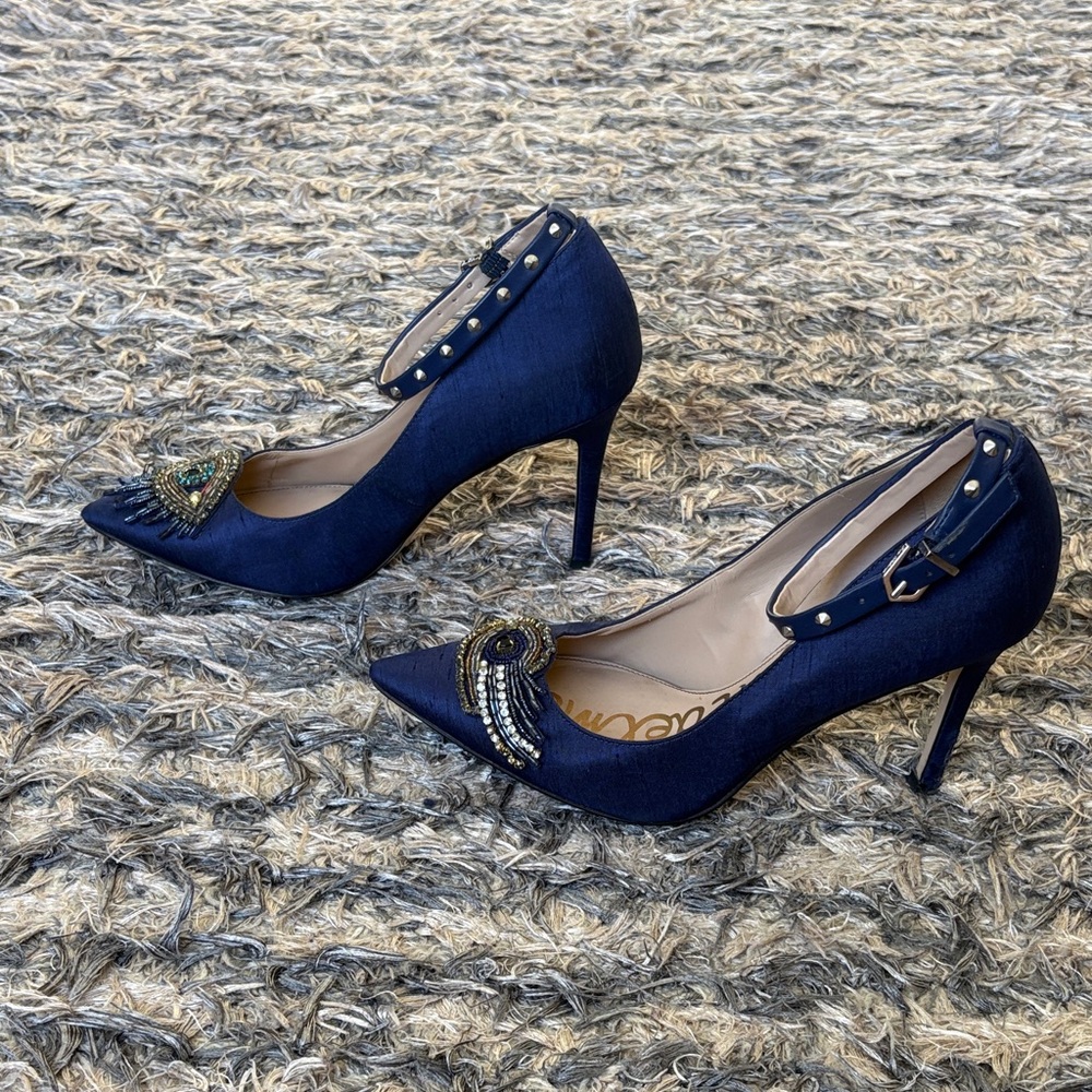 Sam Edelman Navy Beaded Pointed Toe Ankle Strap Heels Size 6 Limited Edition - Picture 4 of 16